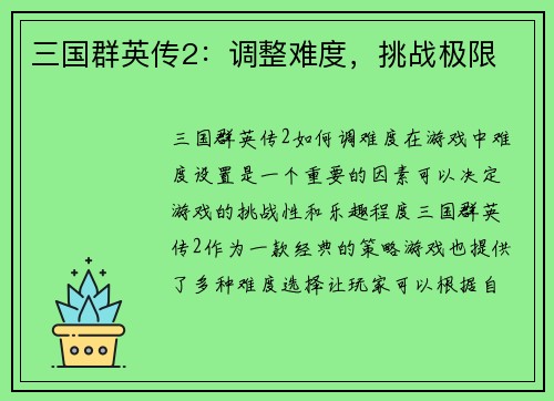三国群英传2：调整难度，挑战极限